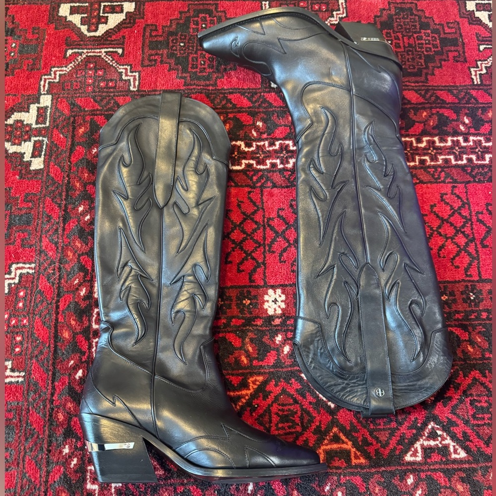 Anine Bing Black Leather Western Knee-High Heeled Boots - Picture 2 of 3